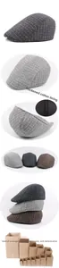 Detail of classic plaid newsboy cap with thickened cotton lining for winter warmth
