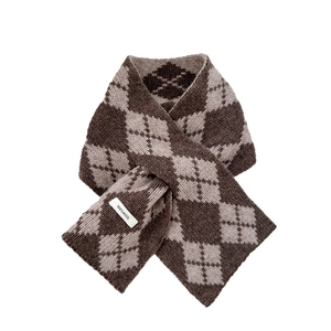 Classic Argyle 100% Wool Knit Scarf in Brown Two-Tone Double Layer Cross Design