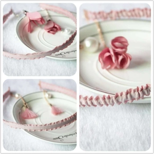 Pink ribbon choker with rose pendant and matching tassel earrings with pearl accents