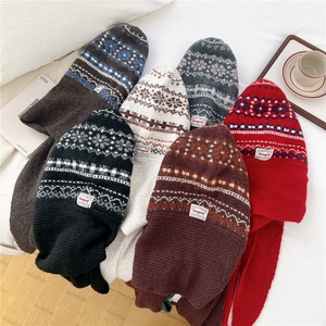 Close-up of knit balaclava scarf featuring Fair Isle patterns and ribbed winter texture