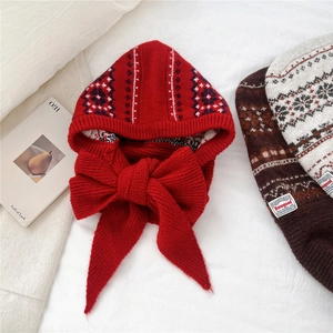 Winter Fair Isle knit hooded scarf with oversized bow detail in red, coffee and beige