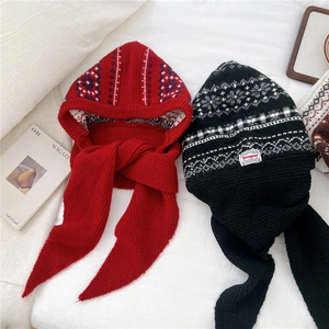 Winter knitted hood scarf with geometric jacquard patterns and warm neck protection
