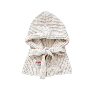 Knitted Balaclava hood scarf with beige vertical stripes and front button closure