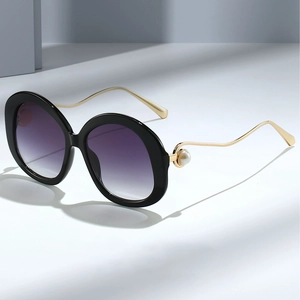 Fashion Women Large Oval Sunglasses Retro Wave Metal Temples Artificial Pearl Decor Gradient UV400 Decorative Eyewear