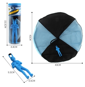 Detailed dimensions of blue hand throw parachute toy and miniature soldier figure