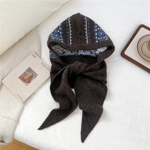 Close-up of brown knitted balaclava hood with geometric pattern and integrated scarf