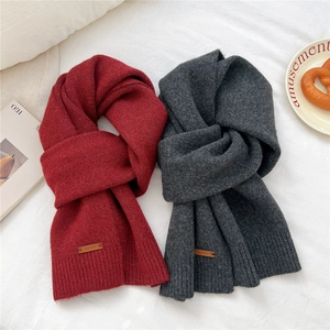 Solid knit scarf set in wine red and charcoal grey with leather label detail