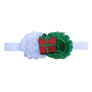 Christmas baby headband with white green chiffon flowers and red glitter gift box detail