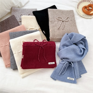 Solid Color Knitted Scarf Soft Warm Ribbed Neck Warmer With Bow Tie Polyester Nylon Acrylic Viscose Wool Chic Winter