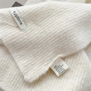 Detailed close-up of wool blend ribbed knit texture and material composition label