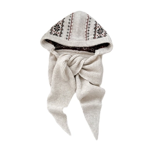 Winter beige knitted hooded scarf with Nordic geometric patterns for neck protection