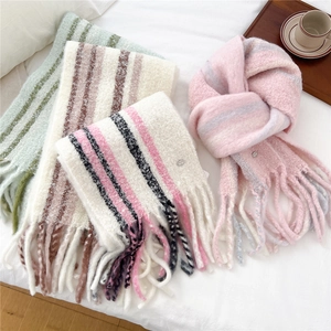 Thick wool blend striped scarf with long tassels and metallic detail for winter warmth