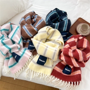 Thick wool blend striped scarves with long tassels and soft knit texture for winter warmth