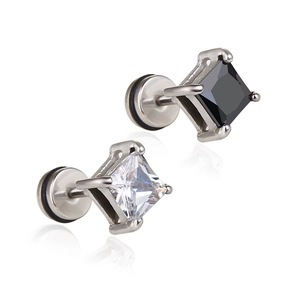 Titanium steel square zircon stud earrings with black and white stones and screw back