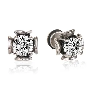Vintage punk titanium steel stud earrings with cross shield design and white zircon