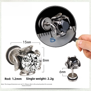 Detailed technical diagram of silver punk stud earring with black zircon dimensions