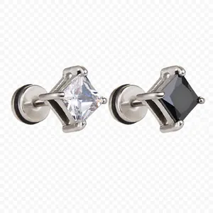 Square Zirconia Stud Earrings Stainless Steel Hypoallergenic Screw Back Retro Black White Unisex Jewelry