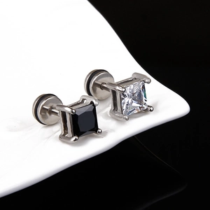 Retro square zircon earrings in black and clear colors with silver steel settings