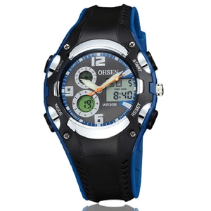 Orologio sportivo OHSEN doppio display con LED e dettagli blu cinturino impermeabile