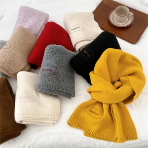 Winter Knitted Scarf Thick Warm Wool Blend Embroidery Letter Label Versatile Elegant Wrap For Women
