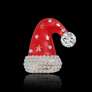 Sparkling red Santa hat Christmas brooch with gold star and white rhinestones decoration