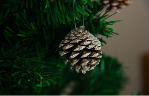 Dettaglio di una pigna innevata appesa a un albero di Natale verde con cordino argento