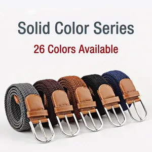 Five assorted elastic woven belts with silver D-ring buckles and leather joints