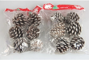 Dettaglio di pigne naturali con effetto neve in confezione festiva Merry Christmas