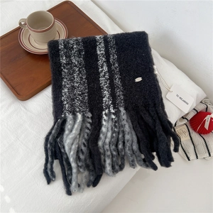 Detail of wool blend striped scarf showing knit texture, thick tassels and metallic sequins