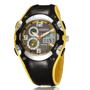 Orologio sportivo impermeabile con display LED e doppia ora analogica giallo e nero