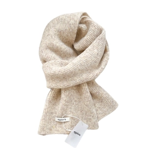 Cream beige wool blend knit scarf with ribbed texture and minimalist designer label