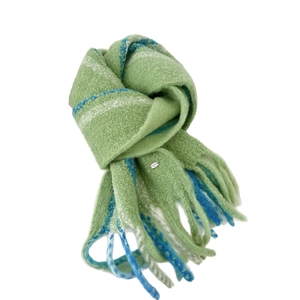 Thick wool blend scarf with green and blue stripes and stylish fringe tassels
