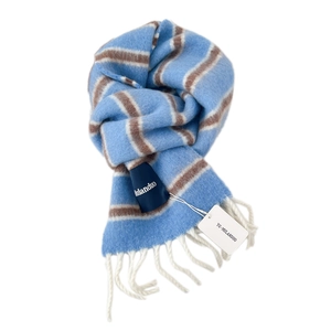Striped wool blend scarf in light blue and brown with soft fringe for winter warmth