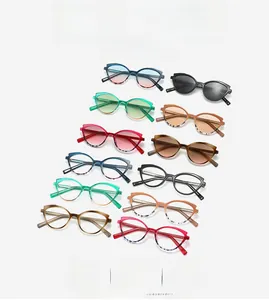 Flat lay of stylish cat-eye TR90 eyewear frames in 12 vibrant colors and patterns
