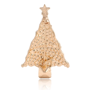 Back view of a gold Christmas tree brooch with a secure safety pin fastening detail