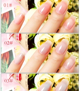 Three shades of semi-transparent jelly nail polish showing glossy nude and pink finishes