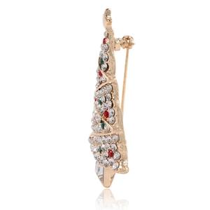 Christmas tree brooch with red and green rhinestones in a gold-tone alloy setting