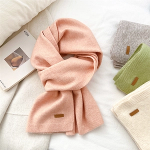 Knitted Winter Scarf For Women Solid Color Warm Thermal Long Shawl With Leather Patch Soft Versatile Wraps