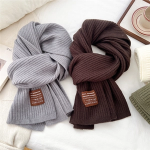 Thick striped knit scarves for women in gray and brown with handmade wool labels