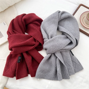 Classic diamond pattern knit scarf in burgundy and grey with cozy ribbed texture