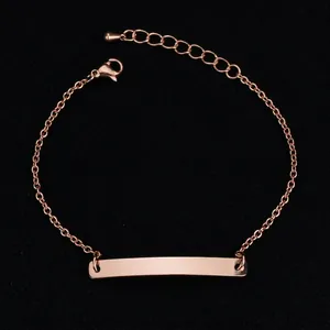 Polished rose gold stainless steel curved bar bracelet with adjustable O-link chain