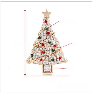 Christmas tree brooch pin in alloy with sparkling rhinestones and crystal, size 52x33mm