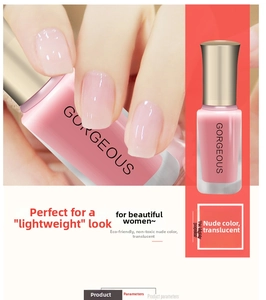 Detail of nude pink translucent jelly nail polish with a matte gold cap and bottle
