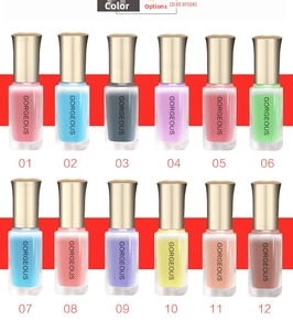 Detailed palette of twelve semi-transparent jelly nail polish shades in 10ml bottles