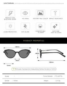 Size chart showing 140mm width and 144mm temple length for cat eye TR90 sunglasses