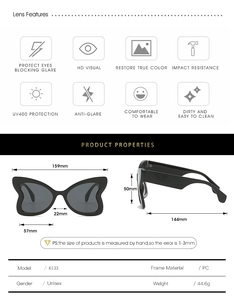Detailed size chart and specifications for butterfly frame sunglasses with UV400 protection
