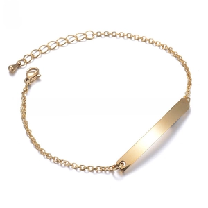 Detailed macro view of a polished rose gold stainless steel curved bar on a fine link chain