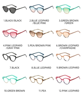Detailed grid of twelve stylish cat-eye TR90 eyewear frames in assorted vibrant colors