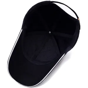 Interior view of black cotton baseball cap showing six-panel stitching and adjustable strap