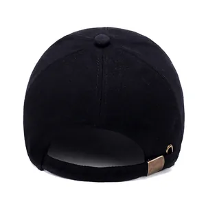 Classic black cotton baseball cap with adjustable bronze metal buckle back view